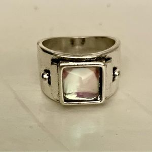 Moonstone iridescent ring with highly durable silver metal wide band unisex 7